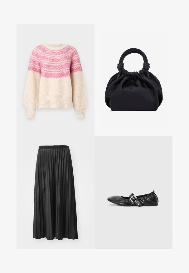 Strikket sweater med en cremeløs bund, prydet med et gradient pink mønster henover brystet og bløde ærmer. Ribbet kant og manchetter.; Sort plisseret maxiskørt med en glat tekstur og elastisk talje, der har lodrette folder som skaber volumen og bevægelse.; Sorte læder flade sko med spids tå, samling detaljer omkring åbningen, og en sølv spænde accent på den justerbare rem.; Sort blød stofhåndtaske med samlet top og cirkulære polstrede håndtag bundet med knuder på hver side.