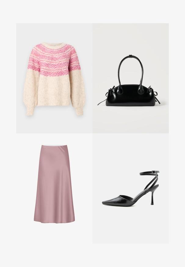 Strikket sweater med en cremeløs bund, prydet med et gradient pink mønster henover brystet og bløde ærmer. Ribbet kant og manchetter.; Blød lyserød satin midi-nederdel med A-formet silhuet og glat, flydende stof.; Sort spids højhælet sko med tynde ankelremme og sølvspænde på en ensfarvet lys baggrund.; Lille sort blank håndtaske med to lange håndtag og snøre-detaljer i siden på en ensfarvet lys baggrund.