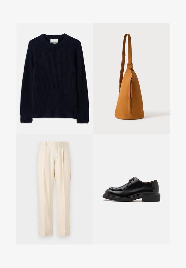 Suéter de punto acanalado en azul marino con cuello redondo y mangas largas. Presenta un dobladillo recto y un patrón texturizado en toda la prenda.; NN.07 KAY - Pantalones - off white; Zapato de cuero negro con punta redondeada, detalles de costura, cordones mínimos y suela de goma gruesa para tracción y durabilidad.; Bolso bandolera de piel color canela con correa ajustable y bolsillo vertical con cremallera, mostrado de lado sobre un fondo claro y liso.
