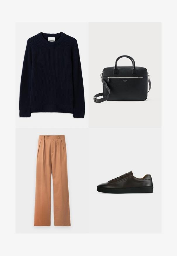 Marineblå ribstrikket sweater med rund halsudskæring og lange ærmer. Har en lige kant og et struktureret mønster over hele. ; Tan brede bukser med flad front, folder og en enkelt knaplukning i taljen. Glat tekstur og fuldlængde design.; Lavprofil mørkebrune lædersneaker med sort gummisål, snørelukning foran og glat minimalistisk design på lys baggrund.; Sort struktureret rektangulær lædermappe med dobbelthåndtag, lynlåslomme foran og justerbar skulderrem vist på hvid baggrund.