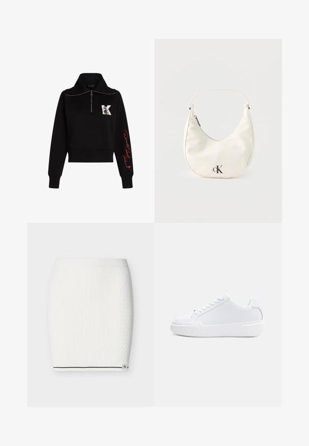 Sort cropped sweatshirt med høj krave, sølv lynlås og rød kursiv tekst på ærmet. Har et tegneserie logo på forsiden.; Hvid strikket nederdel med tekstureret kabelmønster, elastik i taljen og en marineblå stribe langs bundkanten med et lille mærkelogo.; Hvid lavtop-sneaker med snørelukning, tyk sål og glat overdel, vist fra ydersiden mod en ensartet lys baggrund.; Lille hvid halvmåneformet håndtaske med kort rem, lynlås og sort "cK"-logo foran.