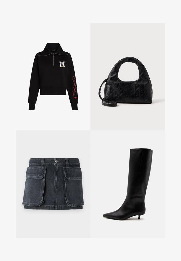 Sort cropped sweatshirt med høj krave, sølv lynlås og rød kursiv tekst på ærmet. Har et tegneserie logo på forsiden.; Sort denimnederdel med en tætsiddende talje, knaplukning, to store forlommer og kontrastsyning.; Sort læder knæhøj støvle med spids snude og lav kittenhæl mod en ensfarvet lys baggrund.; Sort læderhåndtaske med et buet topgreb, subtil diamantmønster og en aftagelig rem. Teksturen er glat med prægede detaljer.