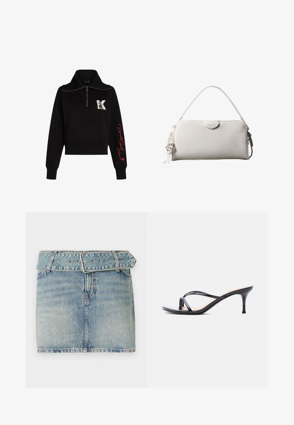 Mustat lyhyet hihaiset collegepaidat, joissa on korkea kaulus, hopea vetoketju ja punaista käsinkirjoitettua tekstiä hihassa. Edessä on sarjakuvamainen logo.; Denim mini hame, jossa on vaaleansininen pesu, vyö vyötäröllä, jossa on metallinen solki, viisi taskua ja hienovarainen haalistuminen tekstuuria varten.; Musta kiiltävä nahkainen korkokenkä, jossa ohuet ristikkäiset hihnat ja kapea, keskipitkä piikkikorko valkoisella taustalla.; Valkoinen suorakaiteen muotoinen Calvin Kleinin käsilaukku, jossa on yksittäinen kahva, minimalistinen muotoilu ja koristeelliset tupsut, joissa on geometrinen metalliriipus sivulla.