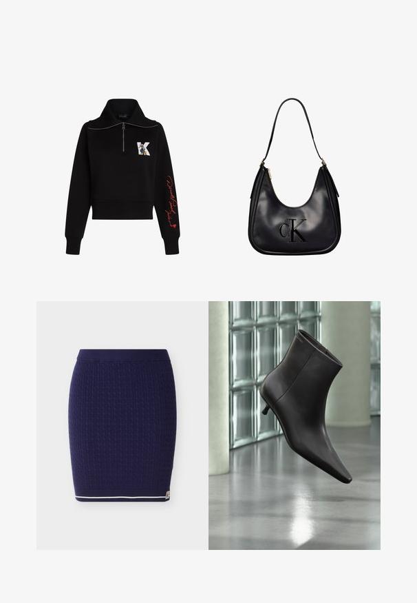 Sort cropped sweatshirt med høj krave, sølv lynlås og rød kursiv tekst på ærmet. Har et tegneserie logo på forsiden.; Marineblå strikket nederdel med et tekstureret kabelmønster. Har en ribbet talje og en hvid stribe langs nederste kant.; Sort læderankelstøvle med spids tå og lille hæl vist mod en væg af glasblokke og poleret gulv baggrund.; Sort skuldertaske i læder med gulddetaljer, med et fremhævet "cK"-logo foran og en enkelt rem til at bære den.