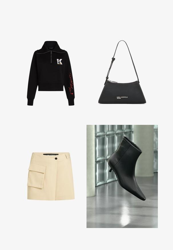 Sort cropped sweatshirt med høj krave, sølv lynlås og rød kursiv tekst på ærmet. Har et tegneserie logo på forsiden.; Beige nederdel med en tætsiddende talje, knaplukning foran og en cargo-lomme på venstre side. Glat stof med et skræddersyet design.; Sort læderankelstøvle med spids tå og lav kitten-hæ, vist vinklet mod en poleret gulv- og glasblokvæg.; Sort læderhandtaske med trekantet form, der har en sølvlynlås, hvidt syning og et "KARL LAGERFELD JEANS" logo foran.