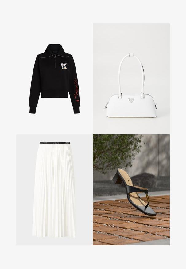 Sort cropped sweatshirt med høj krave, sølv lynlås og rød kursiv tekst på ærmet. Har et tegneserie logo på forsiden.; Plisseret hvid nederdel med en sort elastisk talje, der har "LACOSTE"-logoet. Mellemlang design med blød tekstur.; Sort hælsandal med tå-loop og gyldent accent, placeret på en træ- og stenbelagt overflade udendørs nær grønne områder.; Hvid lædertaske med en buet form, der har et sølvtrapezlogo og lynlåslukning. Glat tekstur og dobbelthåndtag.