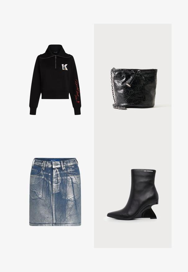 Sort cropped sweatshirt med høj krave, sølv lynlås og rød kursiv tekst på ærmet. Har et tegneserie logo på forsiden.; Lysblå denim mini-skjorte med en falmet tekstur. Har forlommer, bæltestropper og en metalknaplukning. Synlige syninger.; Sort læderankelstøvle med buet skulptureret hæl og Karl Lagerfeld-logo nær den øverste kant på hvid baggrund.; Sort skinnende læder bucket taske med snørelukning og metal kæderem på ensfarvet baggrund.