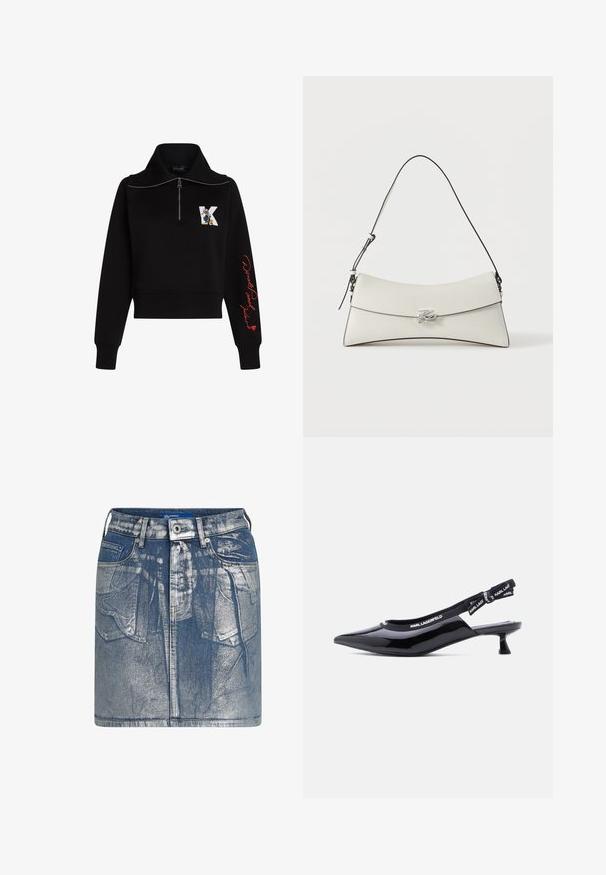 Sort cropped sweatshirt med høj krave, sølv lynlås og rød kursiv tekst på ærmet. Har et tegneserie logo på forsiden.; Lysblå denim mini-skjorte med en falmet tekstur. Har forlommer, bæltestropper og en metalknaplukning. Synlige syninger.; Sort laklæder slingback kitten heel sko med spids tå og elastisk strop med mærket "KARL LAGERFELD."; Hvid skuldertaske i læder med buet klap, sort kant, justerbar rem og sølv dekorativ spænde på ensfarvet baggrund.