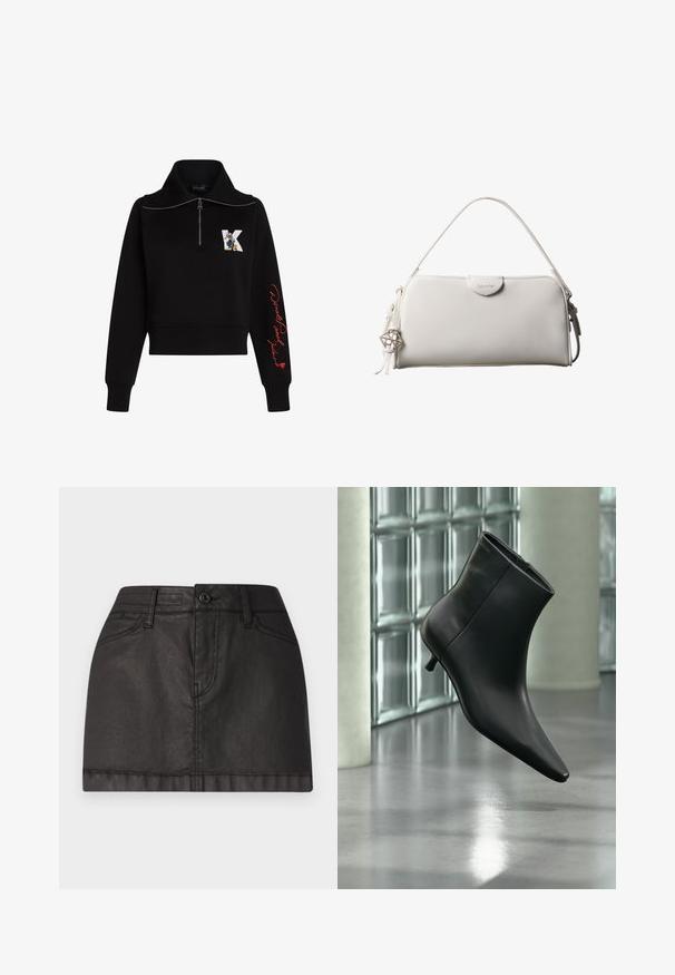 Sort cropped sweatshirt med høj krave, sølv lynlås og rød kursiv tekst på ærmet. Har et tegneserie logo på forsiden.; Sort denim mini nederdel med frontknaplukning, bæltestropper og to forlommer. Glat overflade med subtil glans.; Sort læderankelstøvle med spids tå og lav kitten-hæ, vist vinklet mod en poleret gulv- og glasblokvæg.; Hvid rektangulær Calvin Klein håndtaske med enkelt håndtag, minimalistisk design og dekorative kvaster med geometrisk metalvedhæng på siden.
