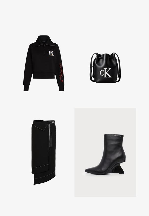 Schwarzes, kurzes Sweatshirt mit hohem Kragen, silbernem Reißverschluss und rotem, geschwungenem Text auf dem Ärmel. Auf der Vorderseite befindet sich ein Cartoon-Logo.; Schwarze Midirock mit weitem Kragen, seitlichem Reißverschluss, weißen Stichakzenten und asymmetrischem Saumdesign. Glatte Textur.; Schwarzer Leder-Knöchelstiefel mit geschwungenem skulptiertem Absatz und Karl Lagerfeld-Logo nahe dem oberen Rand auf weißem Hintergrund.; Schwarze Leder-Bucket-Bag mit Kordelzugverschluss oben und weißem "cK" Logo auf der Vorderseite, mit verstellbarem Schulterriemen.