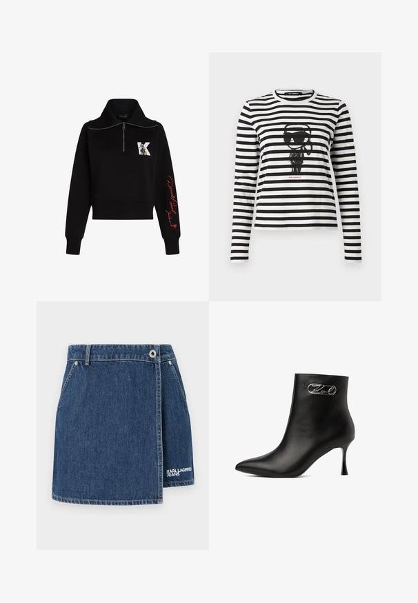 Sort cropped sweatshirt med høj krave, sølv lynlås og rød kursiv tekst på ærmet. Har et tegneserie logo på forsiden.; Langeærmet, stribet T-shirt i sort og hvid bomuld. Har et centralt grafisk motiv af en figur, der bærer solbriller, med "Karl Lagerfeld" tekst nedenunder.; Denim nederdel i mørkeblå med indpakningsdesign, sølvhardware og hvid "KARL LAGERFELD JEANS" logo broderi ved kanten.; Sort læderankelstøvle med spids tå, tynd hæl og sølv dekorativ spænde på ydersiden nær toppen.