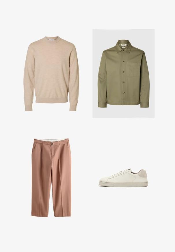 Beige trui met lange mouwen en ronde hals van zachte gebreide stof, met geribbelde boorden en zoom, ontworpen voor heren.; Olijfgroen shirt met lange mouwen, puntkraag, knopen aan de voorkant en een borstzak, op een effen lichte achtergrond.; Lichtbruine broek met hoge taille, riemlussen, bijpassende stoffen riem met metalen gesp, voorzakken en rechte pijpen.; Witte leren lage sneaker met witte veters, licht gestructureerde zool en lichtgrijze suède hielpatch, zijaanzicht.