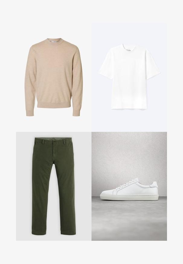 Beige trui met lange mouwen en ronde hals van zachte gebreide stof, met geribbelde boorden en zoom, ontworpen voor heren.; Effen witte T-shirt met korte mouwen en ronde hals, met een losse pasvorm, weergegeven op een lichte achtergrond.; Olijfgroene chinos van katoen, met een rechte pijp, voorzakken en een enkele knoopsluiting. Soepele textuur met een eenvoudig ontwerp.; Witte sneaker met een gladlederen bovenwerk en een laag profiel. Voorzien van een ronde neus, zes vetergaatjes en een gestructureerde rubberen zool.