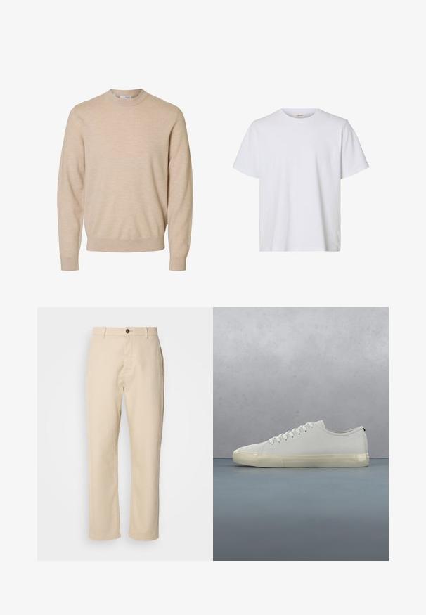 Pull beige à manches longues et col rond en tissu tricoté doux, avec poignets et ourlet côtelés, conçu pour hommes.; T-shirt blanc uni à manches courtes, col rond, coupe régulière et texture de tissu lisse, présenté sur fond blanc.; Pantalons en coton beige avec jambes droites, fermeture à bouton à l'avant, poches latérales et texture lisse. Design minimaliste, sans motifs visibles.; Baskets en cuir blanc avec lacets flottant au-dessus de carreaux en bois carrés et de petits cailloux, avec un arbre et un fond gris.