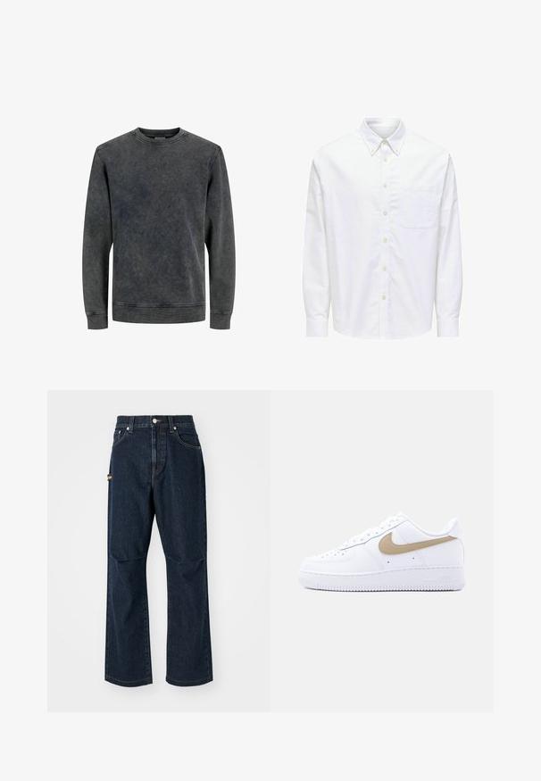 Sweatshirt gris à col rond avec des manches longues, fabriqué à partir d'un tissu doux et texturé. Il présente un effet délavé et des détails de couture simples.; Chemise blanche à manches longues avec boutons, col pointu et poche poitrine sur le côté gauche.; Jeans en denim bleu foncé avec une coupe droite, poches avant et une poche latérale. Comprend des accents de couture et une taille avec bouton.; Baskets basses blanches Nike Air Force 1 avec logo swoosh beige, bout perforé et semelle en caoutchouc blanche sur fond gris clair uni.