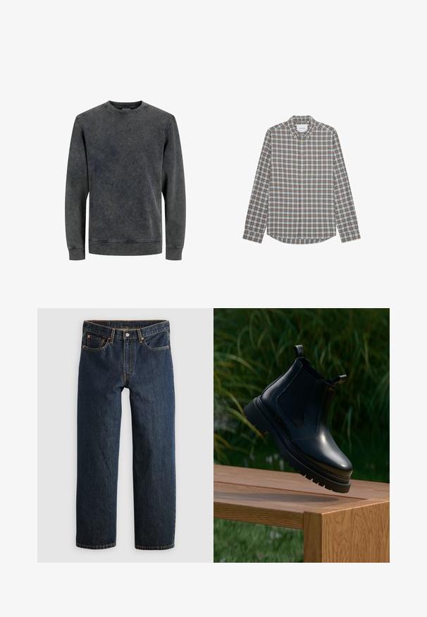 Sweatshirt gris à col rond avec des manches longues, fabriqué à partir d'un tissu doux et texturé. Il présente un effet délavé et des détails de couture simples.; Chemise à manches longues avec boutons, motif à carreaux bleu, marron et blanc, col pointu et poignets, posée à plat sur fond blanc.; Jean en denim bleu foncé avec une coupe droite. Comprend cinq poches, des surpiqûres contrastantes et une fermeture à bouton à la taille.; Bottine Chelsea en cuir noir avec un bout arrondi, une semelle en caoutchouc épaisse et des panneaux élastiques sur les côtés, exposée sur une surface en bois avec de la verdure en arrière-plan.