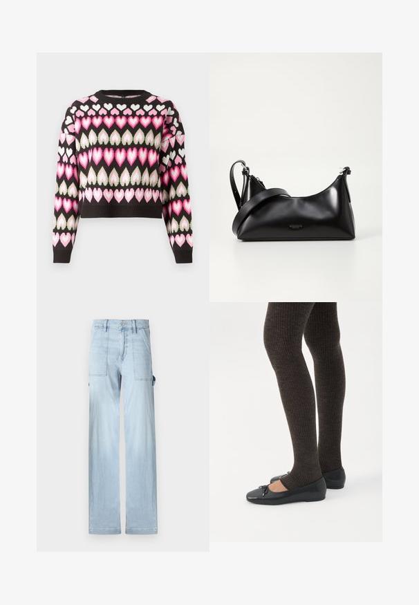 Pull court noir avec un motif de cœurs colorés en rose et vert. Texture tricotée et poignets côtelés. Col rond.; Pantalons cargo en denim bleu clair avec un design à jambes droites, poches avant et poches latérales. Le tissu a une texture légèrement délavée.; Jambes portant des leggings côtelés foncés associés à des ballerines noires avec de petits détails en nœud sur fond blanc.; Sac à main en cuir noir avec une texture lisse. Dispose d'une bandoulière adjustable et d'un design élégant et minimaliste avec une fermeture éclair.