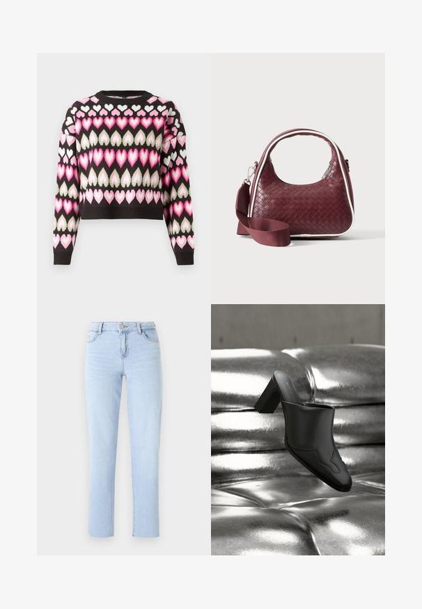 Kort sweater i sort med et farverigt hjerte mønster i pink og grøn. Strikket tekstur og ribbede manchetter. Rund halsudskæring.; Lyseblå lige ben jeans lavet af denim, med en standard talje, fem lommer og subtile sømdetaljer.; Sort lædermule med blokhæl hvilende på en skinnende sølvpolstret overflade, der fremhæver dens elegante design og buede detaljer.; Mørkerød vævet lædertaske med buet hank, hvid kant, sølv lynlås og aftagelig bred stofskulderrem mod en ensfarvet baggrund.