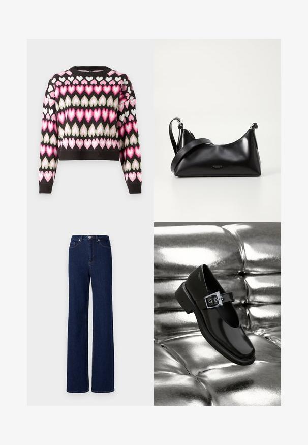 Kort sweater i sort med et farverigt hjerte mønster i pink og grøn. Strikket tekstur og ribbede manchetter. Rund halsudskæring.; Mørkeblå denim jeans med høj talje, bred benudskæring og klassisk fem-pocket design. Afsluttet med kontrastsyning og en metalknap.; Sorte læder Mary Jane sko med firkantet tå, en sølv spænde accent og en chunky lav hæl, sat mod en glansfuld sølv baggrund.; Sort læderhåndtaske med en glat tekstur. Har en justerbar stropp og et enkelt, minimalistisk design med lynlås.
