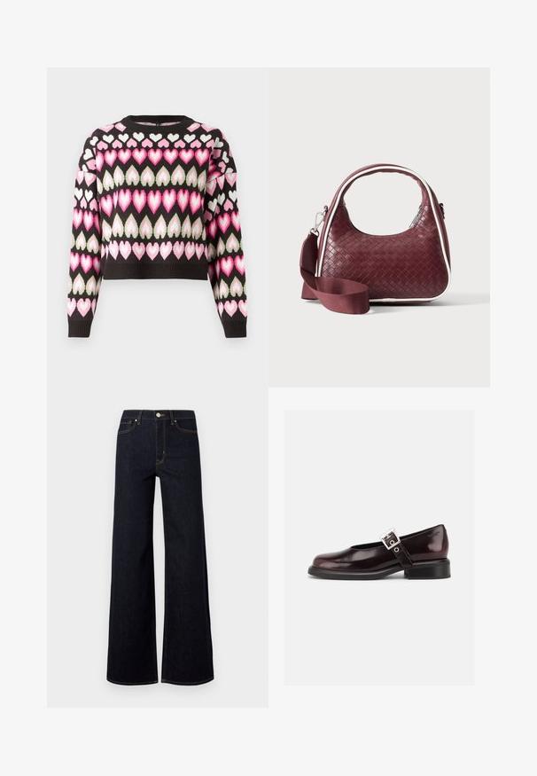 Pull court noir avec un motif de cœurs colorés en rose et vert. Texture tricotée et poignets côtelés. Col rond.; Jeans large en denim bleu foncé, avec une taille haute, des coutures contrastées et un unique bouton métallique à l'avant.; Chaussure Mary Jane unique brillante couleur bordeaux foncé avec une large bride et une boucle argentée, talon bloc bas et bout arrondi sur fond blanc.; Sac à main en cuir tressé marron foncé avec poignée courbée, garniture blanche, fermeture éclair argentée et bandoulière large en tissu amovible sur fond uni.