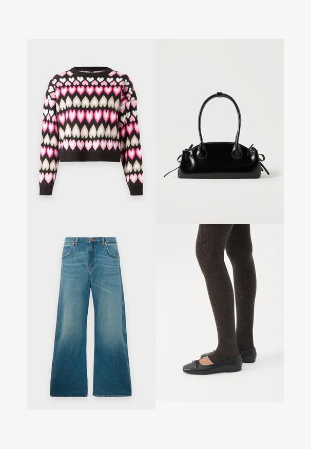 Pull court noir avec un motif de cœurs colorés en rose et vert. Texture tricotée et poignets côtelés. Col rond.; Jeans en denim bleu taille haute avec jambes larges, poches avant, fermeture à bouton et dégradé de couleur usé allant de la taille à l'ourlet.; Jambes portant des leggings côtelés foncés associés à des ballerines noires avec de petits détails en nœud sur fond blanc.; Petit sac à main noir brillant avec deux longues anses et des détails à cordon sur les côtés sur un fond clair uni.