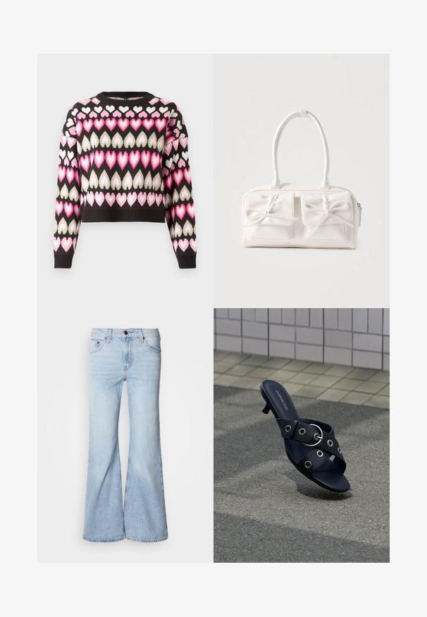Pull court noir avec un motif de cœurs colorés en rose et vert. Texture tricotée et poignets côtelés. Col rond.; Jean évasé bleu clair, avec une taille haute, en tissu denim, cinq poches et une fermeture par bouton. Les jambes sont larges et présentent une légère décoloration.; Sandale noire à talon avec des brides croisées ornées d'œillets argentés et une boucle ronde, posée sur un pavement texturé près d'un mur carrelé.; Sac à main synthétique blanc avec deux poches avant, chacune ornée d'un nœud noué. Texture lisse, anses arrondies et fermeture zippée.
