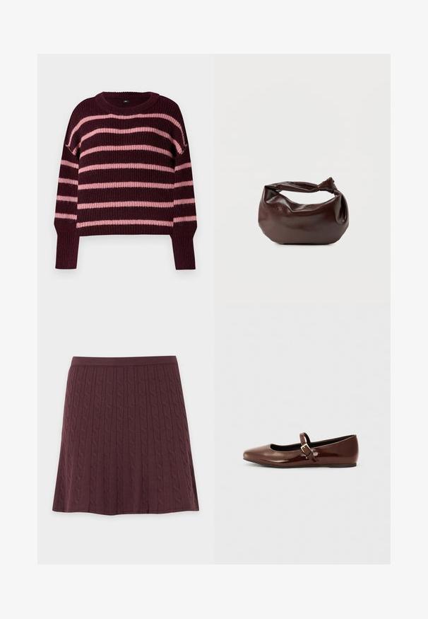 Bordeaux trui met horizontale roze strepen. Gebreide textuur, ronde hals en geribbelde mouwen. Schouder met een drop-shoulder design. Boxy ontwerp.; Gebreide bordeaux rok met kabelpatroon, aangesloten tailleband en lichte uitlopende vorm, plat op een lichte achtergrond getoond.; Bruine gepatineerde leren balletschoen met een vierkante neus en een bandje met een kleine gouden gesp. Gladde textuur, lage hak en minimalistisch ontwerp.; Donkerbruine leren schoudertas met een zachte, slungelige vorm en een gedraaide knoopvormige handgreep op een effen witte achtergrond.