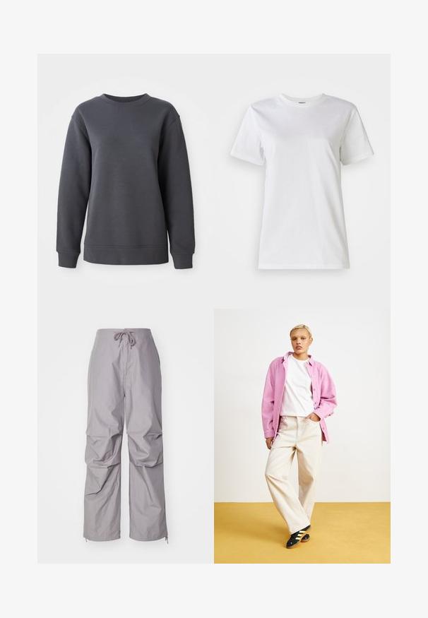 Grå sweatshirt lavet af tekstureret stof, med rund hals, lange ærmer og ribbede manchetter og kant, i en afslappet pasform.; Hvid bomulds t-shirt med rund hals og korte ærmer. Stoffet er glat med en blød tekstur og uden synlige mønstre eller detaljer.; Grå, løstsiddende bukser lavet af letvægtigt stof, med snøre i taljen og tapered ærmer med lynlåse. Tekstureret finish.; Lyserød fløjls skjorte over en hvid t-shirt, parret med beige brede bukser og sorte sko med gule striber. Sat mod en gul baggrund.