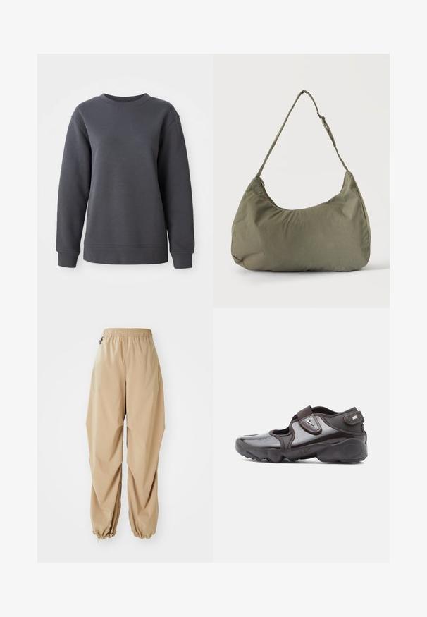 Grå sweatshirt lavet af tekstureret stof, med rund hals, lange ærmer og ribbede manchetter og kant, i en afslappet pasform.; Beige letvægtsbukser med elastisk talje, tapered manchetter og en glat tekstur, der har en afslappet pasform og ingen synlige mønstre eller udsmykninger.; Mørkebrune sportssko med en blank finish, velcrolukning, rundet tå og en tekstureret sål med polstrede designelementer.; Skuldertaske i blødt olivengrønt stof med lynlås og justerbar rem på ensfarvet, lyst baggrund.