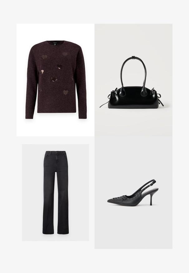 Pull en bourgogne foncé avec un col rond, ornée de motifs de cœurs en sequins éparpillés dans des nuances de bronze et d'or. Texture douce, poignets côtelés.; Jean en denim noir à jambes droites avec une taille haute, un design à cinq poches et des coutures visibles. Texture lisse avec une finition légèrement délavée.; Escarpin en cuir noir à talon aiguille avec un bout pointu, une bride latérale à boucle, des clous le long du bord et un laçage décoratif à l'avant.; Petit sac à main noir brillant avec deux longues anses et des détails à cordon sur les côtés sur un fond clair uni.