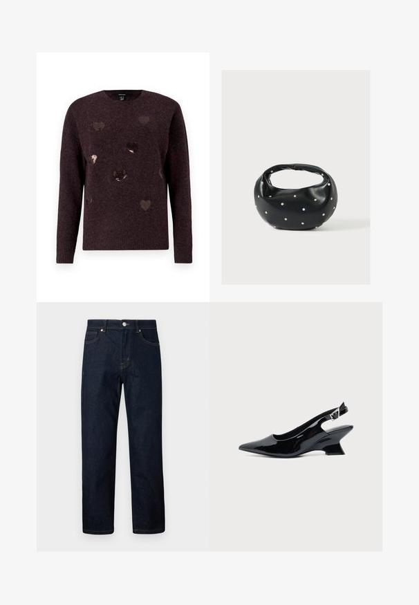Pull en bourgogne foncé avec un col rond, ornée de motifs de cœurs en sequins éparpillés dans des nuances de bronze et d'or. Texture douce, poignets côtelés.; Jeans droits bleu marine avec un design classique à cinq poches et une fermeture à bouton, présentés sur fond blanc.; Chaussure slingback en cuir verni noir avec bout pointu et petit talon bloc incliné sur fond clair uni.; Sac à main en cuir noir de forme arrondie, décoré de clous argentés et équipé d'une poignée courte. Texture lisse et fermeture éclair.