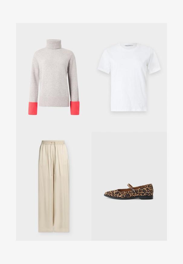 Pull à col roulé gris en matériau doux, avec des poignets côtelés de couleur rose vif. Design simple avec manches longues et coupe décontractée.; T-shirt blanc uni à manches courtes et col rond, posé à plat sur un fond clair, vue de face avec une petite étiquette de marque visible à l'intérieur du col.; Pantalon large ample beige avec ceinture élastique et cordon, tissu lisse, ourlet droit, sans poches visibles ni motifs.; Chaussure plate en imprimé léopard avec un bout rond, une sangle noire sur le coup de pied et une semelle noire basse. Texture de tissu douce.