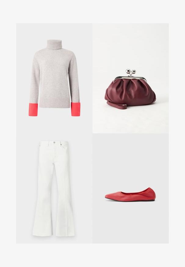 Pull à col roulé gris en matériau doux, avec des poignets côtelés de couleur rose vif. Design simple avec manches longues et coupe décontractée.; Jeans en denim blanc évasés avec taille haute, dotés d'une fermeture à bouton, de deux poches avant et d'accents à ourlet brut au bas.; Filippa K REY FLATS - Ballerines - bright red; Petit sac pochette en cuir bordeaux avec fermoir métallique argenté et bracelet sur fond blanc.
