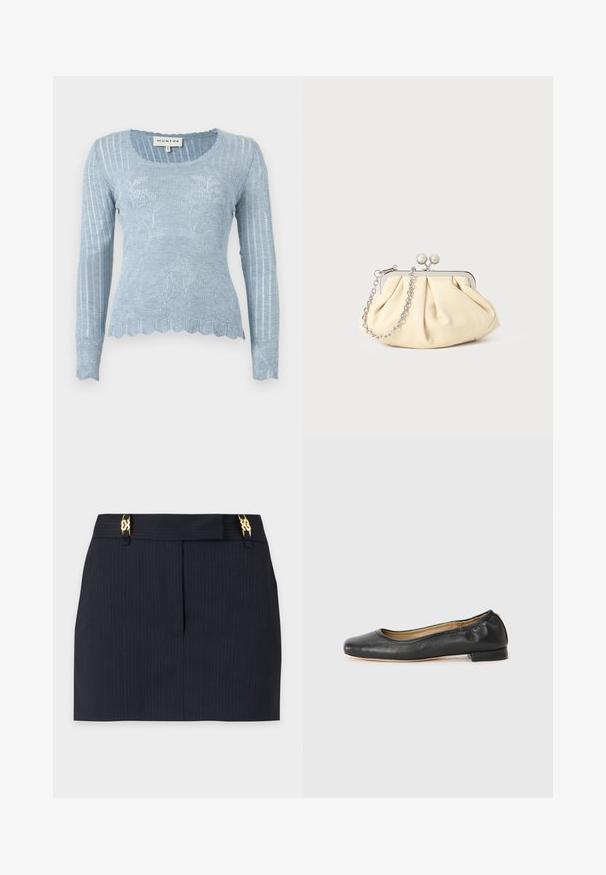 Pull léger en maille bleu clair à manches longues avec motif floral, texture côtelée, ourlet festonné et encolure ronde. Le matériau semble doux et léger.; Mini-jupe noire à fines rayures avec couture avant et clips décoratifs dorés à la taille sur fond blanc.; Ballerines en cuir noir avec un bout arrondi et des coutures minimales. Talon bas et rectangulaire avec une texture lisse. Détails subtils de doublure intérieure.; Pochette en cuir beige plissé avec un cadre en métal argenté, dotée de deux fermoirs ronds décoratifs et d'une chaîne en argent.