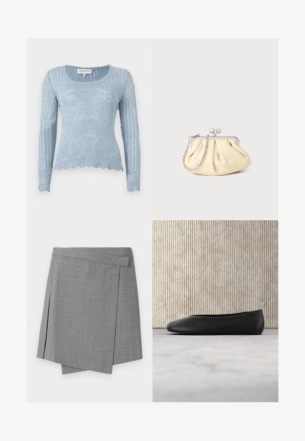Pull léger en maille bleu clair à manches longues avec motif floral, texture côtelée, ourlet festonné et encolure ronde. Le matériau semble doux et léger.; Mini-jupe grise style portefeuille avec ourlet asymétrique et texture subtile, dotée d'un détail de ceinture dissimulée.; Ballerine en cuir noir avec un bout arrondi, texture lisse et un accent logo doré sur le côté. Placée au-dessus d'une surface réfléchissante.; Pochette en cuir beige plissé avec un cadre en métal argenté, dotée de deux fermoirs ronds décoratifs et d'une chaîne en argent.