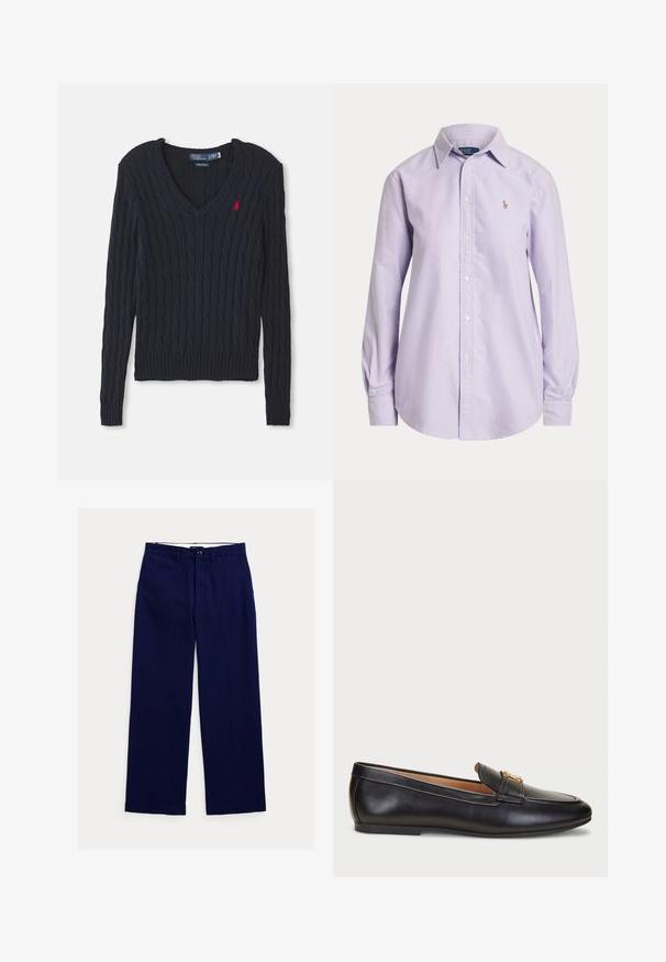 Pull en maille bleu marine avec un col en V, présentant un motif en tricot torsadé, des bords-côtes aux poignets et à l'ourlet, ainsi qu'un petit logo rouge sur la poitrine.; Chemise mauve clair à manches longues, boutonnée, avec col et petit logo brodé sur la poitrine gauche.; Pantalon bleu marine à coupe droite avec passants de ceinture, fermeture à boutons devant et poches latérales sur fond blanc.; Lauren Ralph Lauren AVERI III BURNISHED LEATHER LOAFER - Chaussons - black