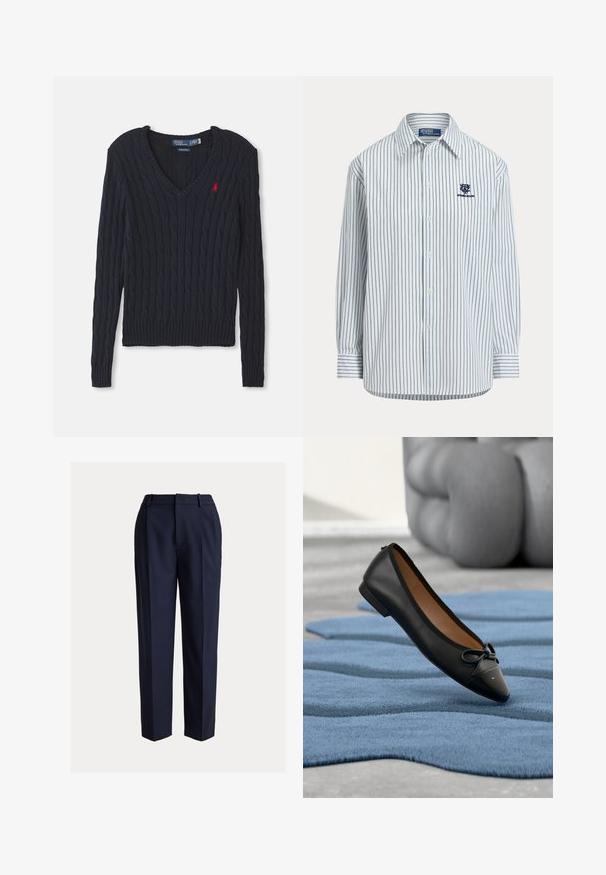 Pull en maille bleu marine avec un col en V, présentant un motif en tricot torsadé, des bords-côtes aux poignets et à l'ourlet, ainsi qu'un petit logo rouge sur la poitrine.; Chemise blanche à manches longues avec fines rayures verticales bleu marine et petit logo Wimbledon brodé sur la poitrine gauche.; Pantalon bleu marine ajusté avec une coupe droite, doté d'une texture lisse, de plis à l'avant et de passants pour ceinture. Pas de poches visibles.; Ballerine en cuir noir avec un bout arrondi, un embout noir brillant et un nœud décoratif. Dispose d'une semelle intérieure rembourrée et d'un petit talon.
