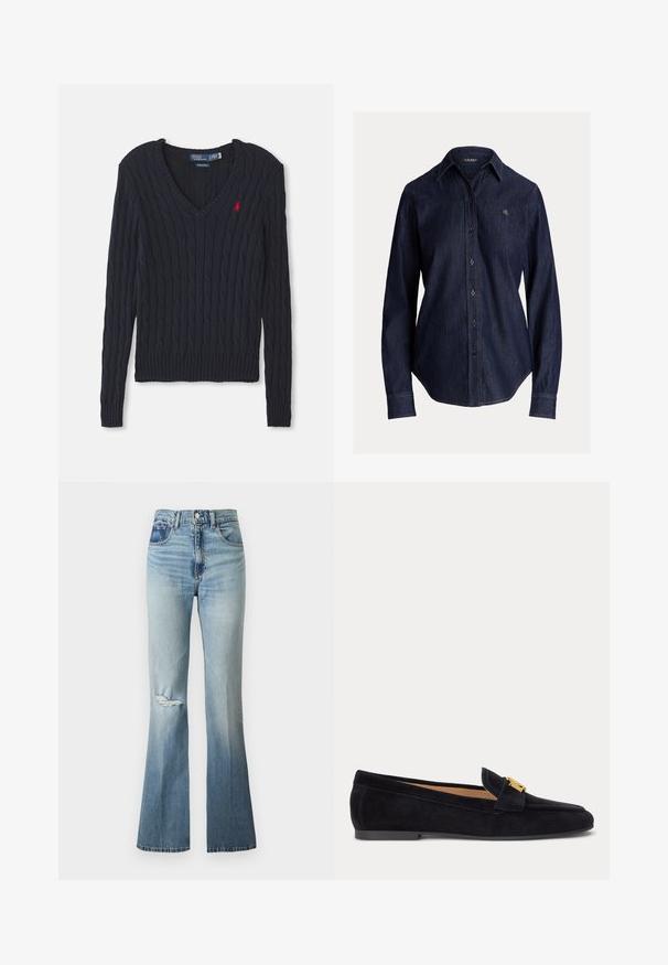 Marineblau gestrickter Pullover mit V-Ausschnitt, ausgestattet mit Zopfmuster, gerippten Bündchen und Saum sowie einem kleinen roten Logo auf der Brust.; Dunkelblaues Denim-Hemd mit langen Ärmeln, Kragen, Knopfleiste vorne und kleinem besticktem "RL"-Logo auf der linken Brust.; Hellblaue Denim-Jeans mit hoher Taille, leichtem Ausbleichen, Destroyed-Einsatz am linken Knie und ausgestellten Beinen.; Schwarzer Wildleder-Flachslipper mit niedrigem Absatz und goldener dekorativer Schnalle am Obermaterial, Seitenansicht auf hellem einfarbigem Hintergrund.