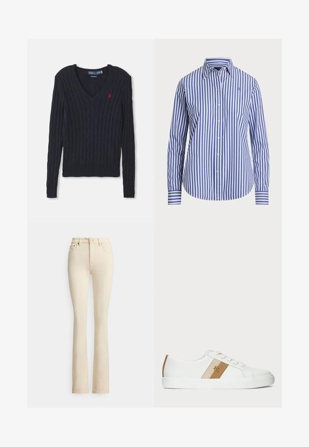 Marineblau gestrickter Pullover mit V-Ausschnitt, ausgestattet mit Zopfmuster, gerippten Bündchen und Saum sowie einem kleinen roten Logo auf der Brust.; Button-up Hemd in blau und weißen vertikalen Streifen. Verfügt über einen klassischen Kragen, lange Ärmel und einen abgerundeten Saum. Hergestellt aus gewebtem Stoff.; Beige Jeans mit ausgestelltem Bein und hoher Taille, zwei vorderen Taschen und Knopfverschluss. Glatte Textur und minimale Nähte.; Weiße Low-Top-Sneaker mit Schnürung, beigen und braunen Seitenstreifen sowie goldener RL-Logo an der Seite.
