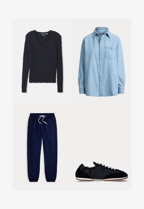Marineblau gestrickter Pullover mit V-Ausschnitt, ausgestattet mit Zopfmuster, gerippten Bündchen und Saum sowie einem kleinen roten Logo auf der Brust.; Hellblaues langärmliges Jeanshemd mit Knopfleiste vorne und Brusttasche mit kleinem gesticktem Logo auf der Tasche.; Marineblaue Jogginghose mit elastischem Bund und Bündchen, weißem Kordelzug und kleinem rotem Logo auf der oberen linken Seite.; Schwarzer Sneaker mit niedrigem Profil, weißen Schnürsenkeln, weichem Stoff-Obermaterial, Wildleder an Zehen und Ferse und einer dünnen braunen Sohle mit weißer Umrandung.