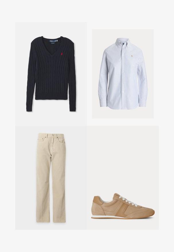 Marineblau gestrickter Pullover mit V-Ausschnitt, ausgestattet mit Zopfmuster, gerippten Bündchen und Saum sowie einem kleinen roten Logo auf der Brust.; Weißes Hemd mit vertikalen hellblauen Streifen, Button-Down-Kragen und kleinem gesticktem Logo auf der linken Brust.; Beige Cordhose mit geradem Bein, Vordertaschen, Gürtelschlaufen und Knopfverschluss, auf schlichtem Hintergrund präsentiert.; Hellbrauner Veloursleder- und Ledersneaker in niedriger Ausführung mit weißen Schnürsenkeln und weißer Gummisohle, von der Seite auf weißem Hintergrund gezeigt.