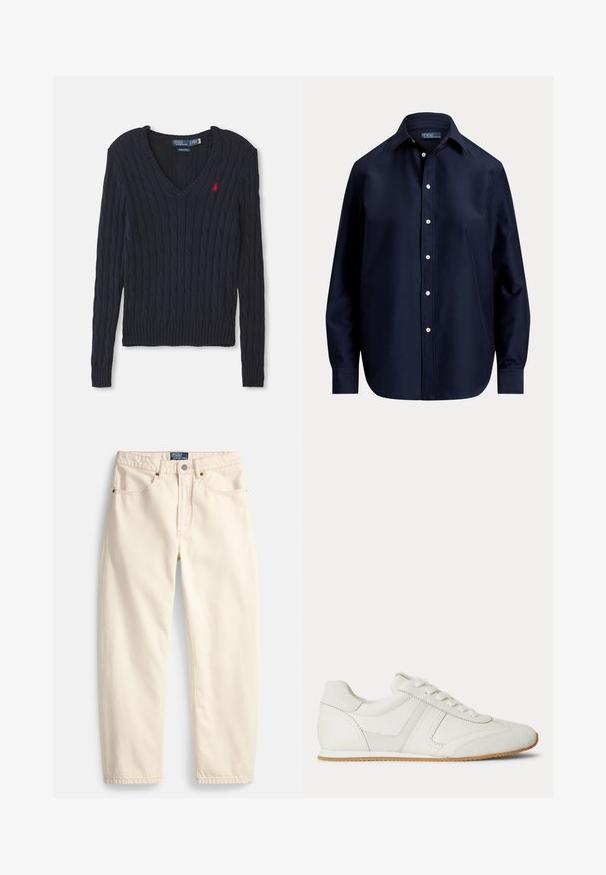 Pull en maille bleu marine avec un col en V, présentant un motif en tricot torsadé, des bords-côtes aux poignets et à l'ourlet, ainsi qu'un petit logo rouge sur la poitrine.; Chemise bleu marine à manches longues avec boutons blancs et col classique, étiquetée Polo par Ralph Lauren.; Jean de couleur crème en denim, présentant une coupe droite, des poches avant et un détail de surpiqûres. Fermeture avec bouton en métal et fermeture éclair.; Baskets basses blanches avec laçage à l'avant, panneaux en daim et cuir, et une semelle en caoutchouc marron clair sur fond blanc.