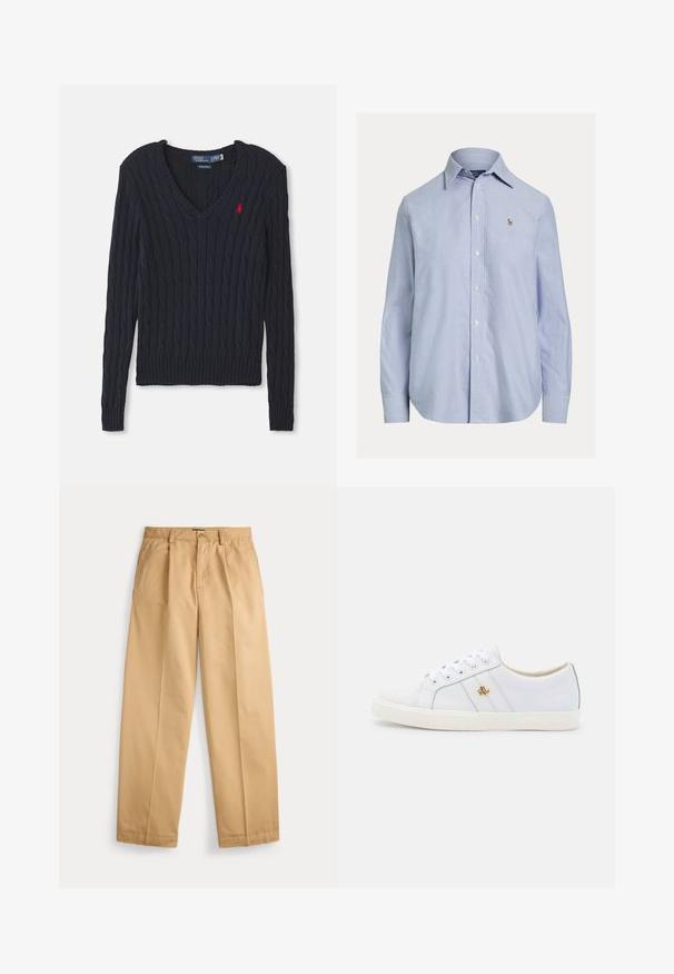 Pull en maille bleu marine avec un col en V, présentant un motif en tricot torsadé, des bords-côtes aux poignets et à l'ourlet, ainsi qu'un petit logo rouge sur la poitrine.; Chemise bleu clair à manches longues avec boutons, col pointu et petit logo brodé sur la poitrine gauche.; Pantalon beige à jambes droites avec fermeture par bouton et zip, poches avant, passants pour ceinture et plis marqués le long des jambes.; Lauren Ralph Lauren JANSON II ACTION LEATHER SNEAKER - Baskets basses - real white