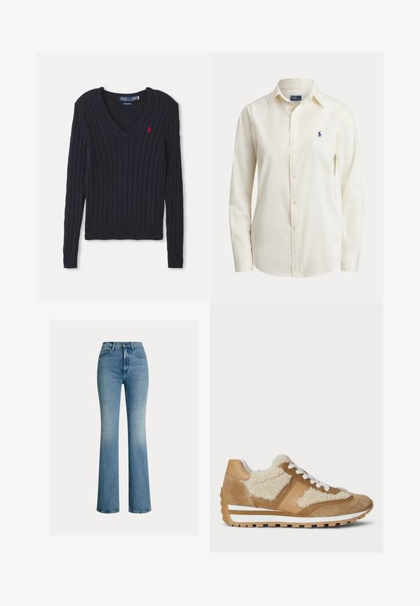 Pull en maille bleu marine avec un col en V, présentant un motif en tricot torsadé, des bords-côtes aux poignets et à l'ourlet, ainsi qu'un petit logo rouge sur la poitrine.; Chemise crème à manches longues, boutonnée, avec col et petit logo cheval brodé bleu marine sur le côté gauche de la poitrine.; Jean en denim bleu taille haute avec poches avant, passants de ceinture et légère évasement à l’ourlet.; Baskets en cuir beige et en fourrure, à bout rond, avec des lacets blancs et une semelle en caoutchouc texturée avec une bande blanche.