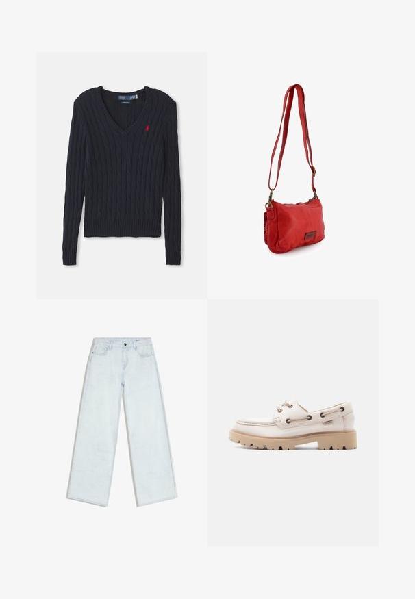 Marineblau gestrickter Pullover mit V-Ausschnitt, ausgestattet mit Zopfmuster, gerippten Bündchen und Saum sowie einem kleinen roten Logo auf der Brust.; Hellblaue Jeans mit weitem Bein, vorne mit Knopf und Reißverschluss, Gürtelschlaufen und Fünf-Taschen-Stil, flach auf weißem Hintergrund ausgelegt.; Weißer Bootsschuh aus Leder mit beiger Gummilaufsohle, seitlicher Schnürung und kontrastierenden Nähten, geprägt mit einem kleinen Metall-Logoschild.; Rote Leder-Umhängetasche mit verstellbarem Gurt, Reißverschluss und kleinem Markenaufnäher vorne.