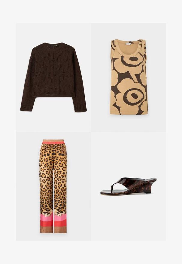 Brun, strikket sweater med et tekstureret, hæklet design, rund hals og lange ærmer. Korte ender og afslappet pasform.; Ærmeløs beige tanktop med stort mørkebrunt abstrakt blomsterprint, rund halsudskæring og ribbet stofstruktur, lagt fladt.; Leopardprintede bukser med brede ben og elastisk talje, lyserøde og røde farveblokke nær kanten mod en lys baggrund.; Dame kilehælssandal med skildpaddemønster, åben tå og T-rem, vist fra siden på hvid baggrund.