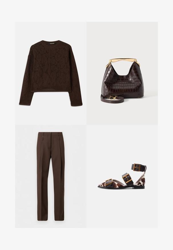 Pull en tricot marron avec un motif en openwork texturé, un col rond et des manches longues. Ourlet court et coupe décontractée.; Pantalon marron sur mesure à jambes droites, doté de passants pour ceinture et de plis sur le devant, présenté sur un fond blanc uni.; Sandale plate à bout pointu avec imprimé vache marron et blanc, bretelles en cuir noir et trois grandes boucles dorées, dont une autour de la cheville.; Sac à main marron foncé à texture crocodile avec une poignée dorée courbée et une bandoulière assortie amovible avec une boucle dorée, présenté sur fond blanc.