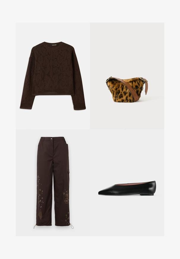 Brun, strikket sweater med et tekstureret, hæklet design, rund hals og lange ærmer. Korte ender og afslappet pasform.; Brune bredde benbukser med broderede stjerne- og fiskedesign. Har en elastisk talje, to sidelommer og justerbare ankelbindinger.; Sort damesko i læder med flad hæl og spids tå, vist fra siden på en ensfarvet lys grå baggrund.; Leopardmønstret faux fur taske med en brun læderrem, der har en rund form og guldbelægning.