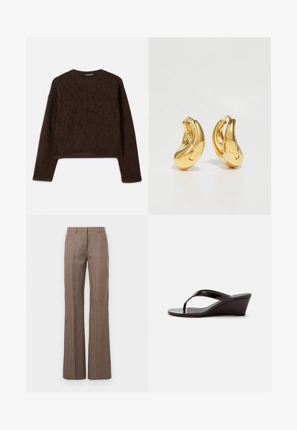 Brun, strikket sweater med et tekstureret, hæklet design, rund hals og lange ærmer. Korte ender og afslappet pasform.; Brune ternede bukser med bred bendesign, forhåndslommer og en tekstureret finish, der har et subtilt mønster i hele stoffet.; Brun patentlæder kile-sandal med tåremme og åben tå, vist i sideprofil på en ensfarvet baggrund.; Guldringeøreringe med en glat, buet form og poleret overflade. Udstyret med en lukkeanordning og lette fordybninger for detaljer.
