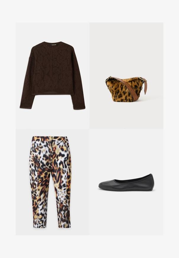 Brun, strikket sweater med et tekstureret, hæklet design, rund hals og lange ærmer. Korte ender og afslappet pasform.; Bukser med lige ben med flerfarvet leopardprint og forlommer mod en ensfarvet lys baggrund.; Sort læderballetsko med rund tå, glat tekstur, minimal syning og et fleksibelt såldesign.; Leopardmønstret faux fur taske med en brun læderrem, der har en rund form og guldbelægning.